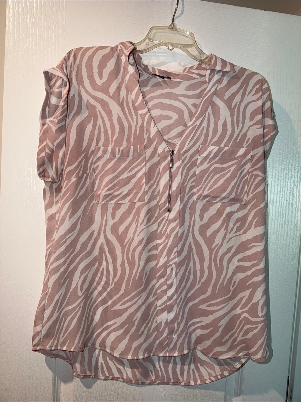 Express Pink Zebra-Print Zip V-Neck Blouse